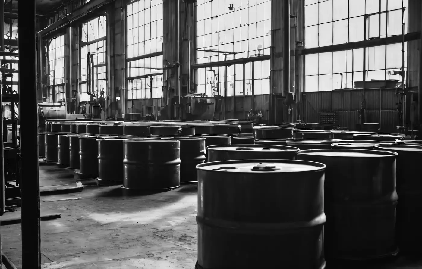 Lubricant drums and heavy equipment in a dim industrial workshop