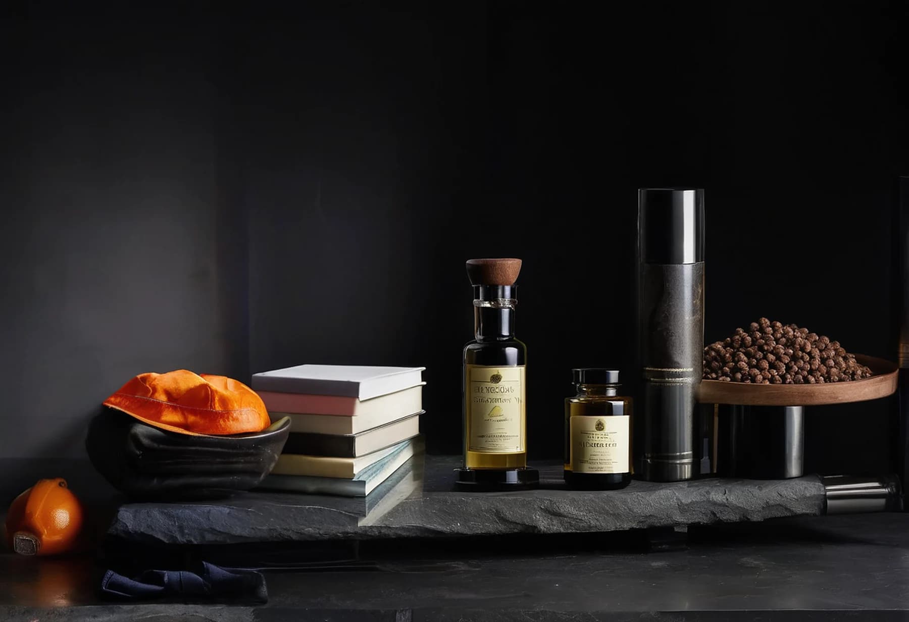 Work gear, books, an olive oil flask, a honey jar, a water treatment cylinder on a pipe and livestock feed arranged together as one collection